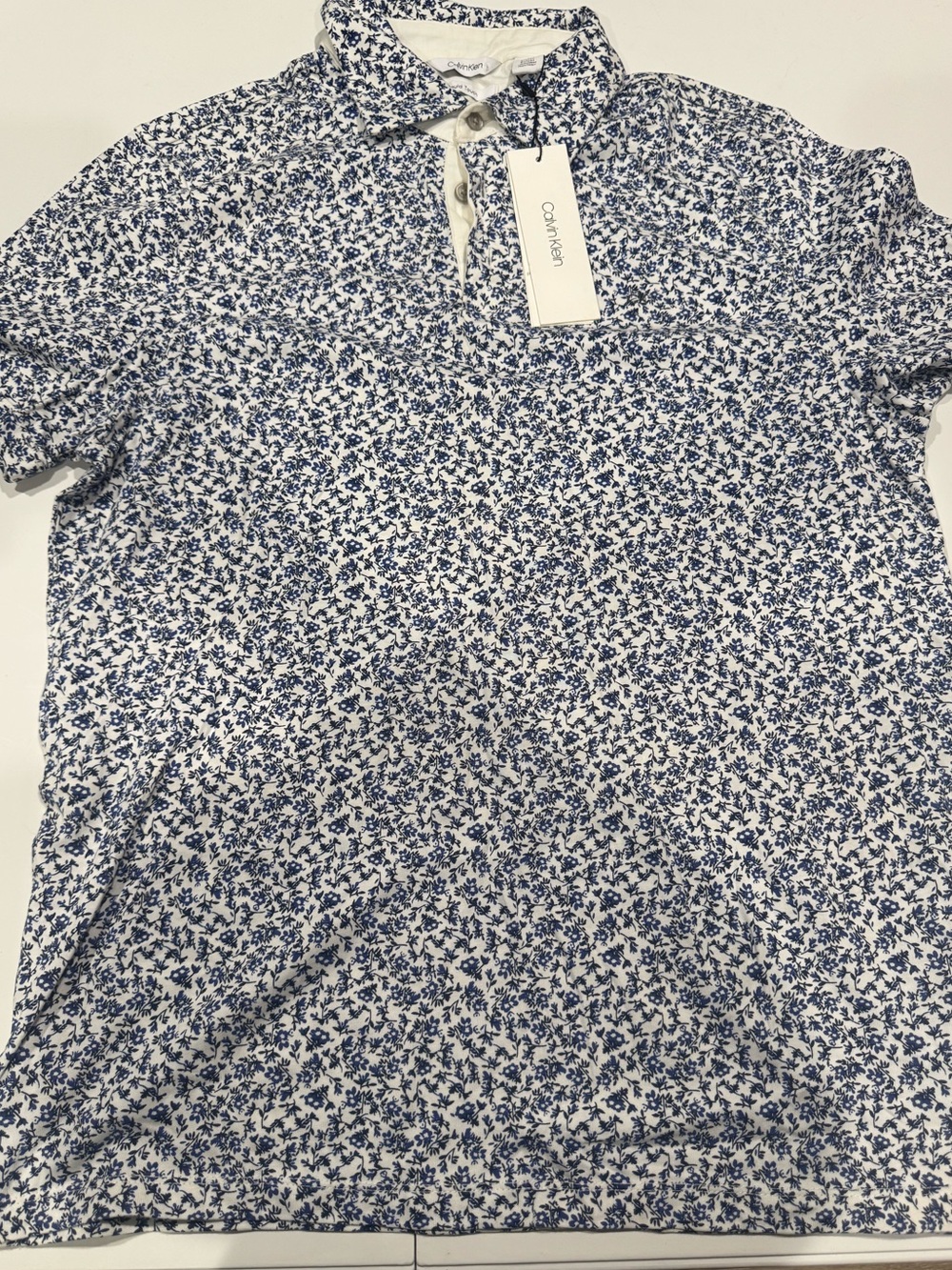 Calvin Klein White Polo with Blue Micro Floral Print Size Medium